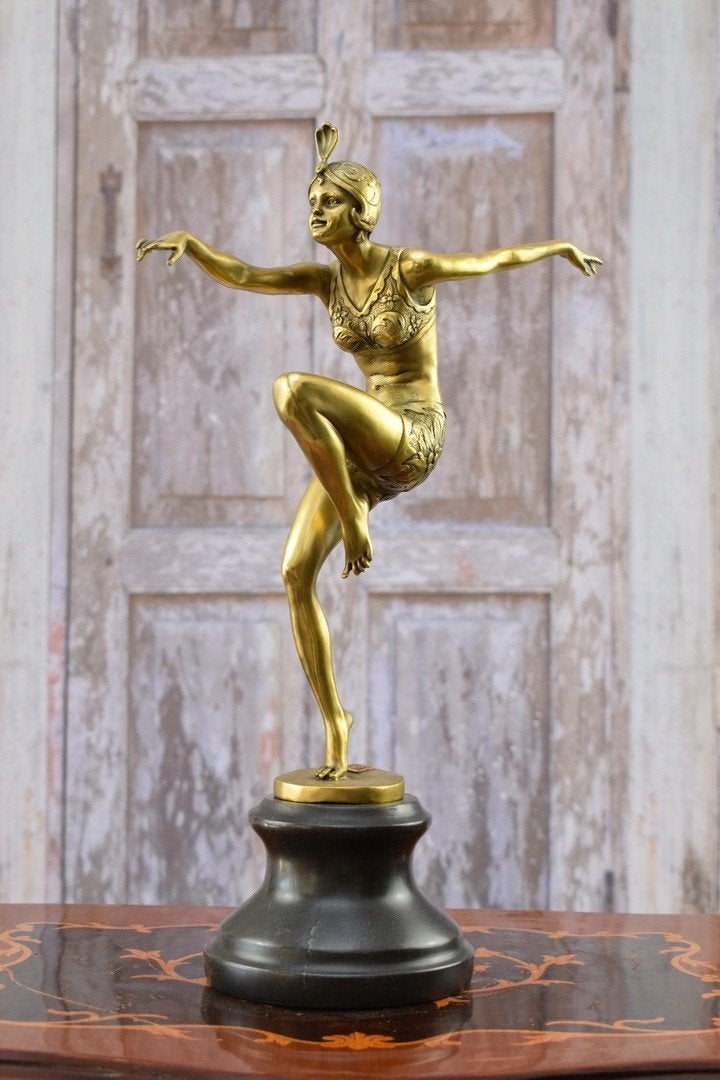 prachtige bronzen beeld art deco danseres gemerkt + gieterij, Antiek en Kunst, Ophalen