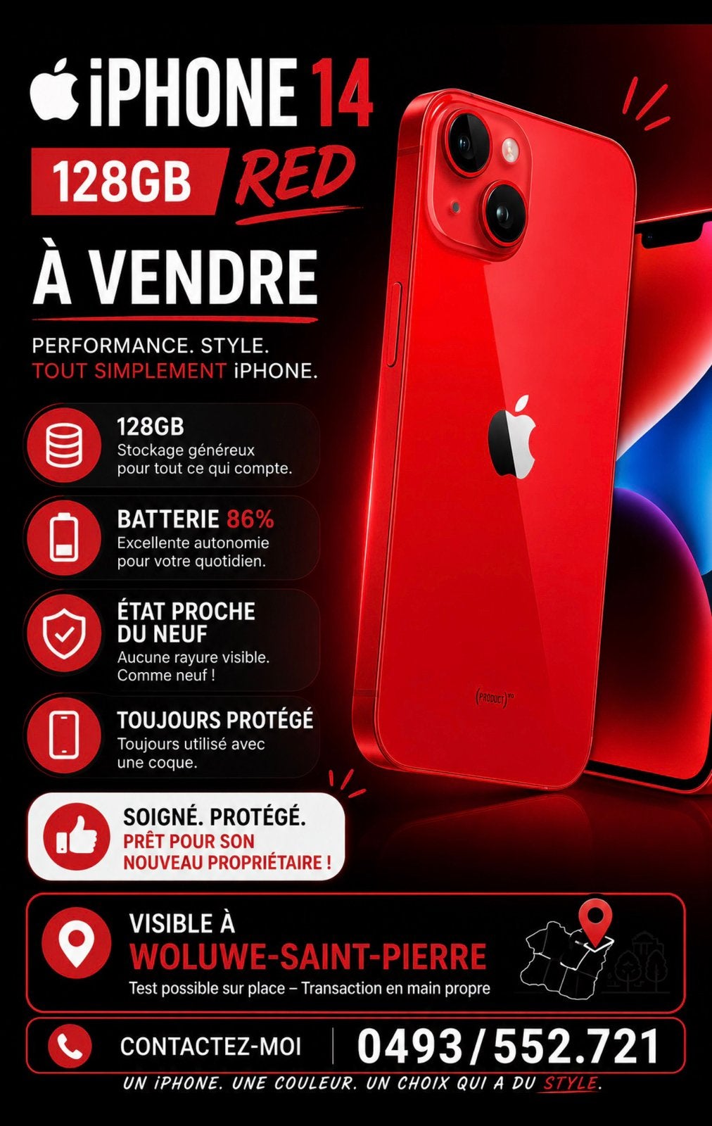 Iphone 14 128Gb, Télécoms, Téléphonie mobile | Apple iPhone, Rouge, 86 %, Comme neuf, Enlèvement