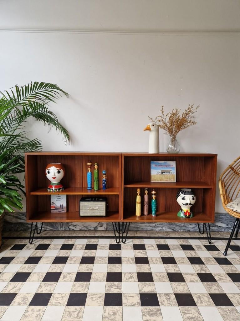 Vintage midcentury boekenkasten | open kasten | tv-meubel, Teck, 25 à 50 cm, Avec tablette(s), Moins de 100 cm
