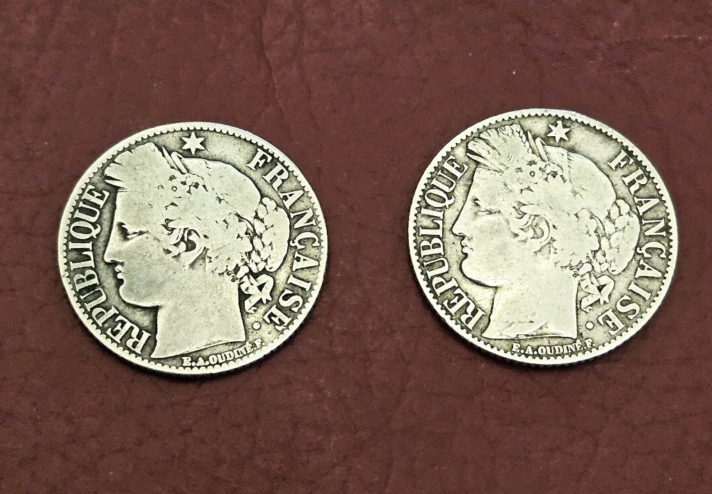 Zilver. Frankrijk 2 munten van 1 Franc 1872 en 1895., Enlèvement, France, Monnaie en vrac, Argent