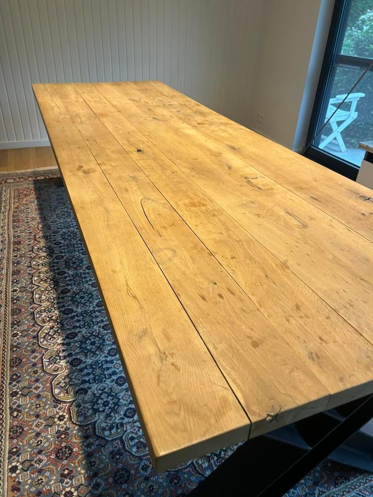 Eiken tafel met metalen onderstel 3m x1m, Huis en Inrichting, Ophalen, Zo goed als nieuw