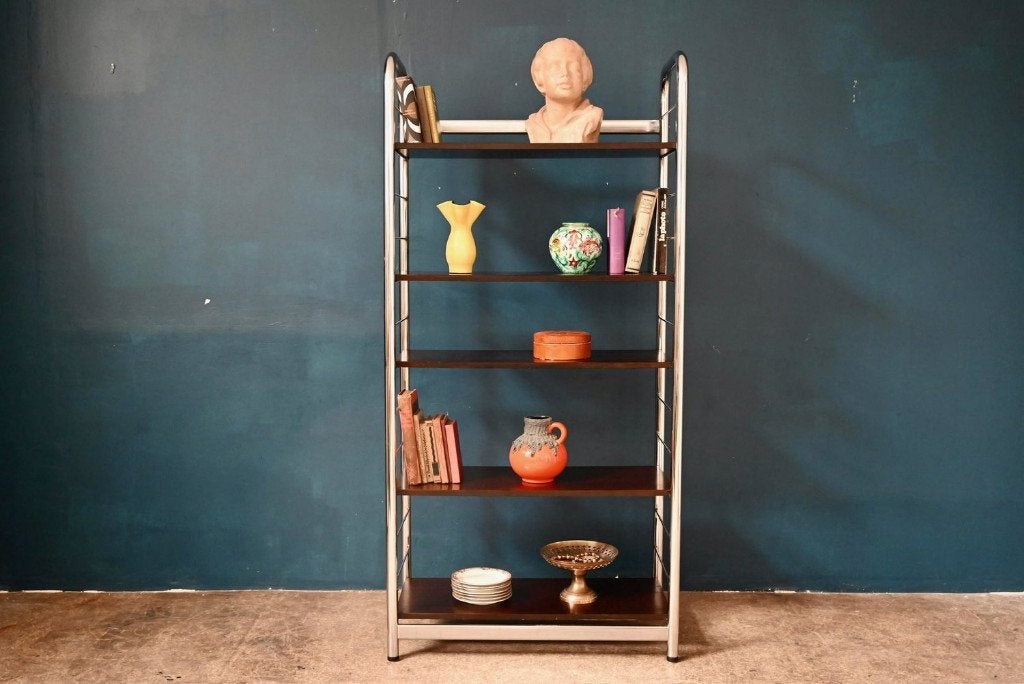 Étagère bibliothèque design années 70 chrome et teck, 25 à 50 cm, Vintage, Utilisé, 50 à 100 cm