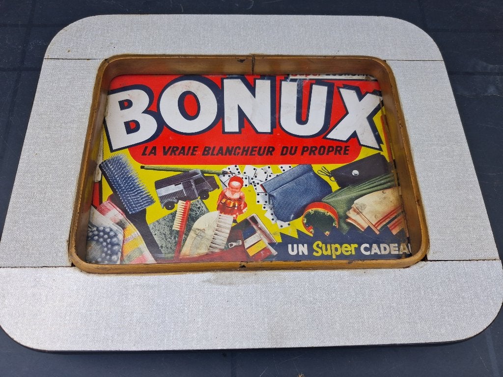 oude reclame  BONUX ..in houten frame., Verzamelen, Ophalen of Verzenden, Zo goed als nieuw, Reclamebord