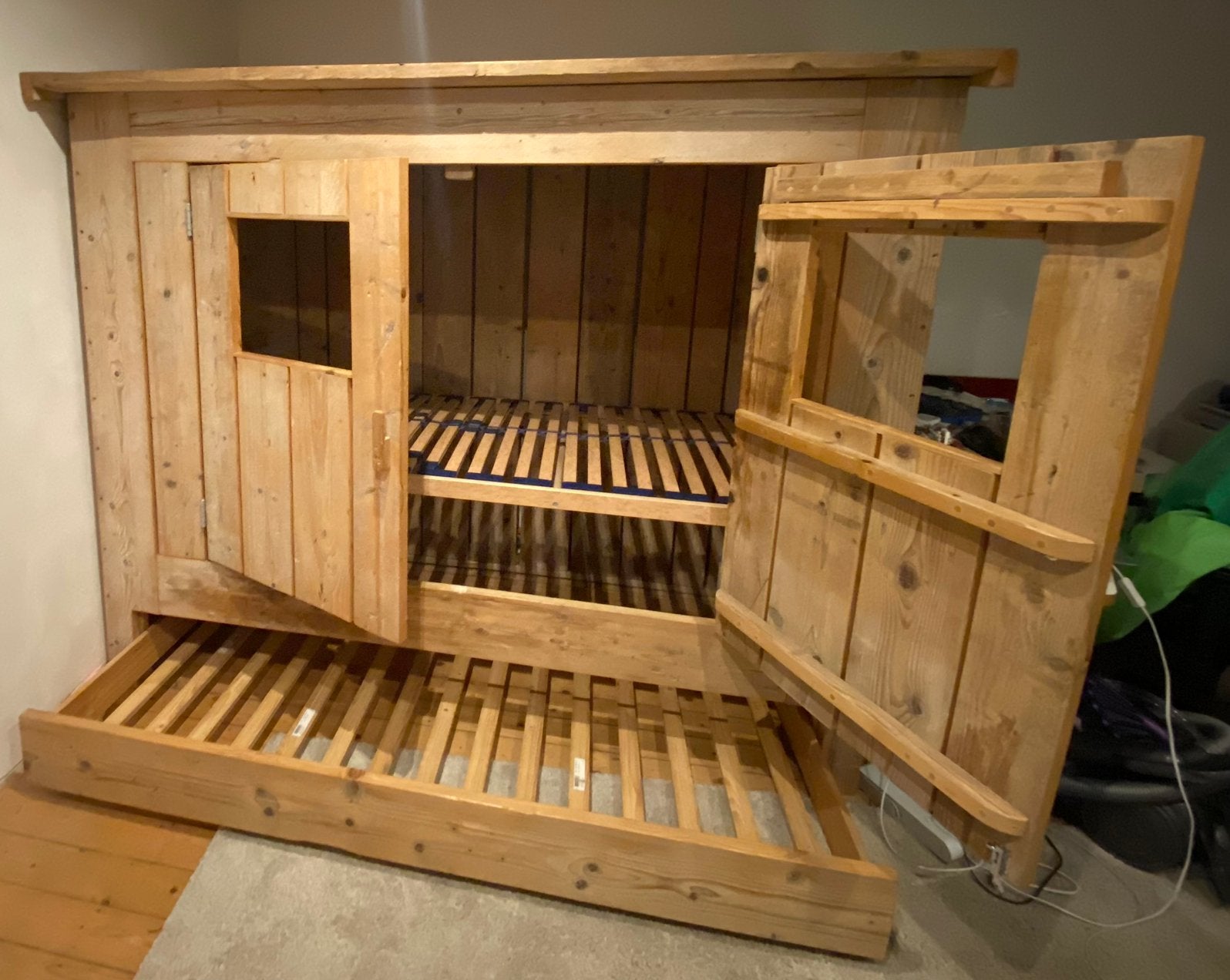Bedstee Steigerhout Huisje Hut Bed + Logeerbed Lade, Ophalen, 85 tot 100 cm, Gebruikt, Hoogslaper of Stapelbed
