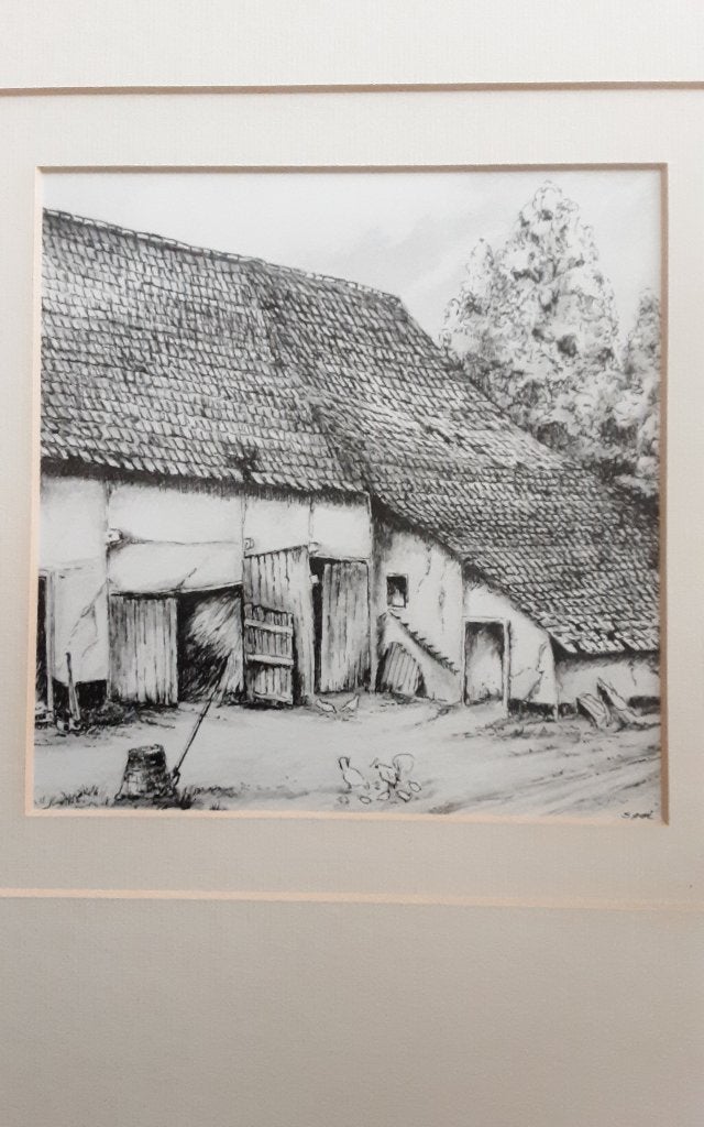 Mooie pentekening boerderij (rustiek), Minder dan 50 cm, Tekening, Nieuw, Ophalen of Verzenden