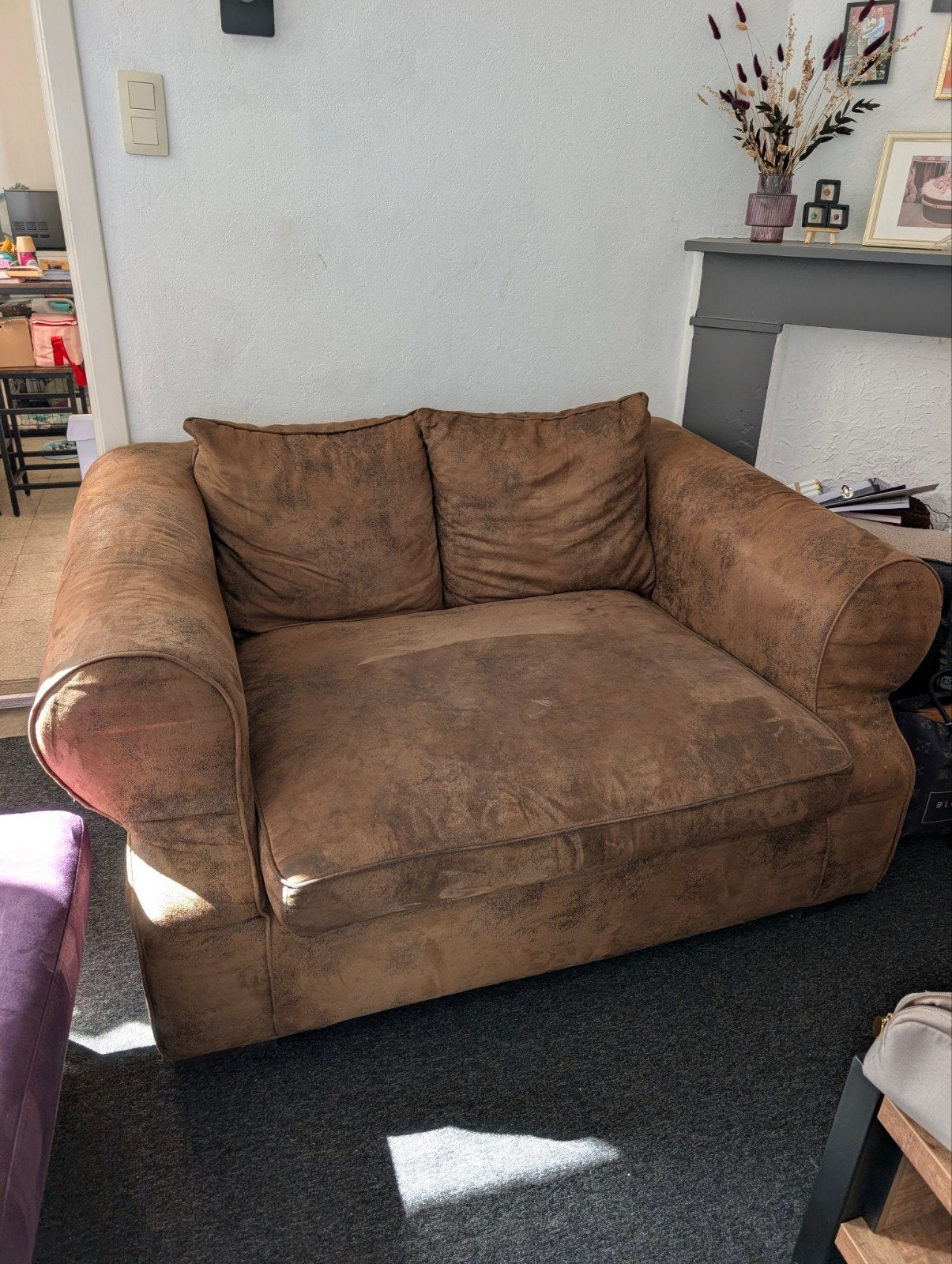 Vintage stoffen 2 zits zetel / fauteuil, Ophalen, Gebruikt, Stof, Cognackleur
