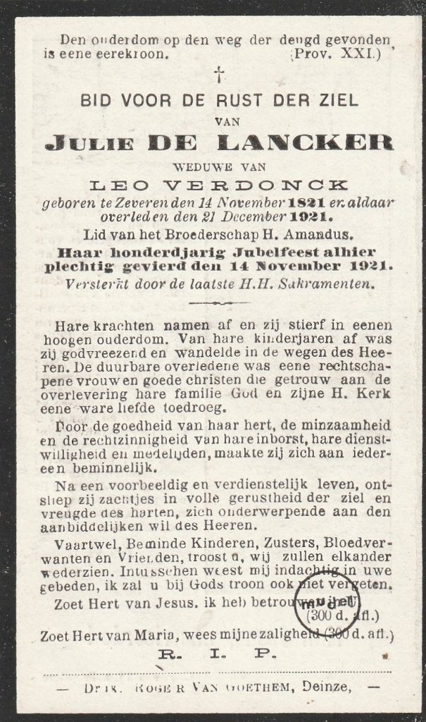 DE LANCKER ZEVEREN 1821 - 1921  100 JAAR, Verzamelen, Bidprentjes en Rouwkaarten, Ophalen of Verzenden, Bidprentje