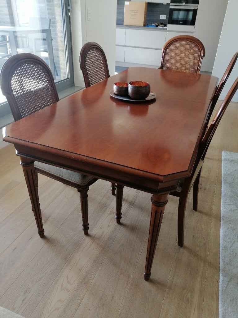 Uitschuifbare eettafel (kerselaar) met 6 stoelen, Ophalen, Kersenhout