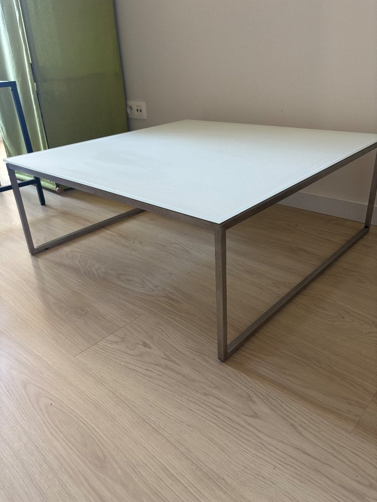 Salontafel wit glas, Huis en Inrichting, Tafels | Salontafels, Ophalen, Gebruikt, 50 tot 100 cm, Vierkant