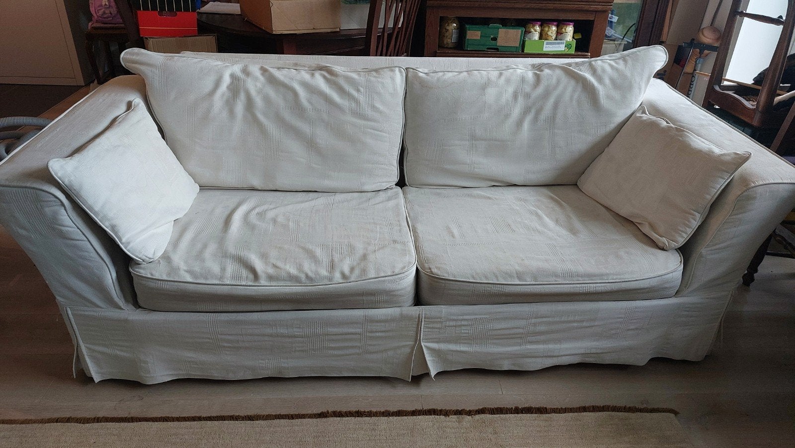 uitklapbare beige stoffen zetel, Huis en Inrichting, Ophalen, Gebruikt, 150 tot 200 cm, 75 tot 100 cm