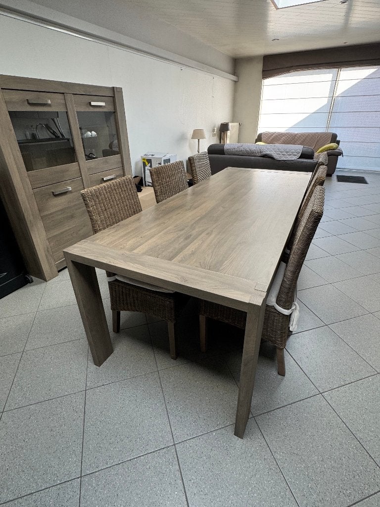 Complete woonkamer + eetkamer + stoelen, Ophalen, Gebruikt, Eiken look, 6 tot 8 stoelen