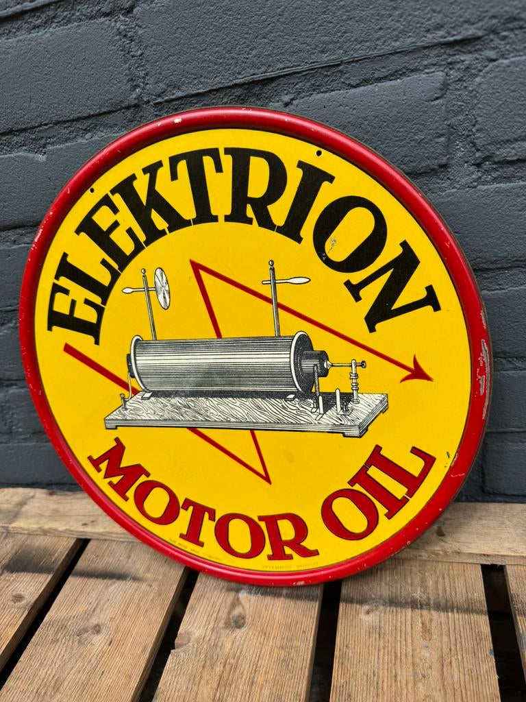 Elektrion motor olie oud reclamebord, Verzamelen, Ophalen of Verzenden, Gebruikt, Reclamebord