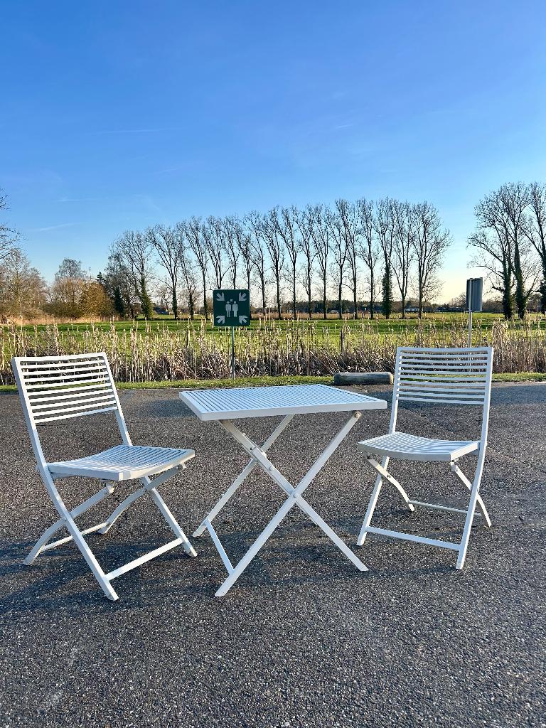 Design tuintafel + stoelen, Tuin en Terras, Tuintafels, Ophalen, Gebruikt, Vierkant, Metaal