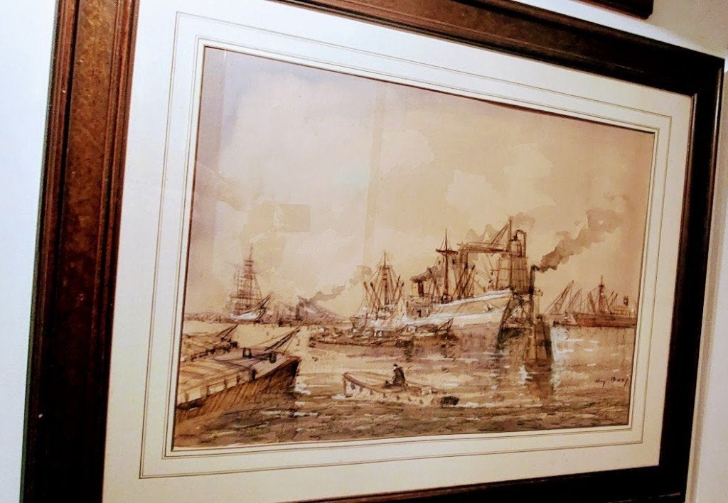 Willem Bos - zeer grote aquarel - zware kader - havenzicht, Antiek en Kunst, Nederlandse school, Bijzondere lijst, Ophalen of Verzenden