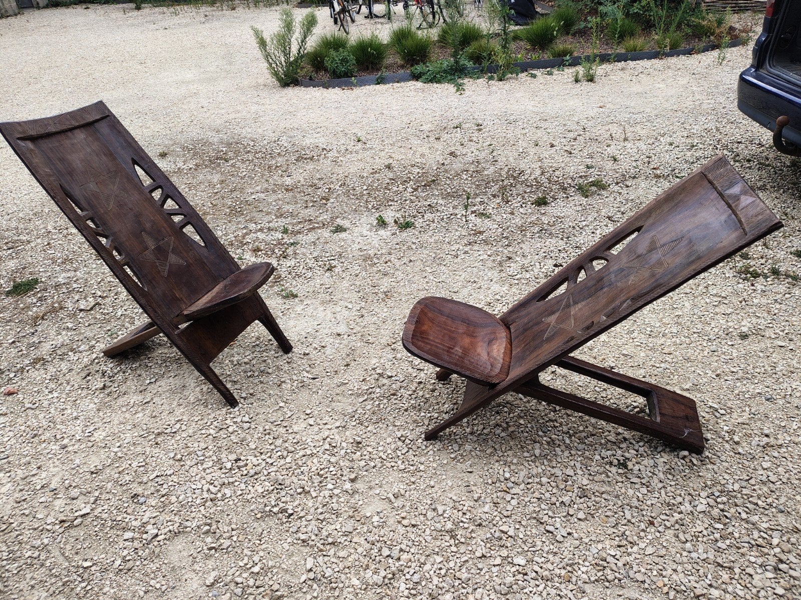 2x Congolese houten klapstoelen, jaren '60, Ophalen