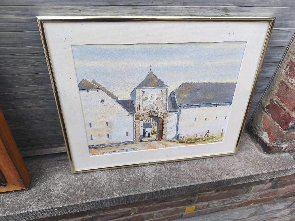 aquarelle ferme du monceau signe a pringels, Antiek en Kunst, Ophalen of Verzenden, Aquarel