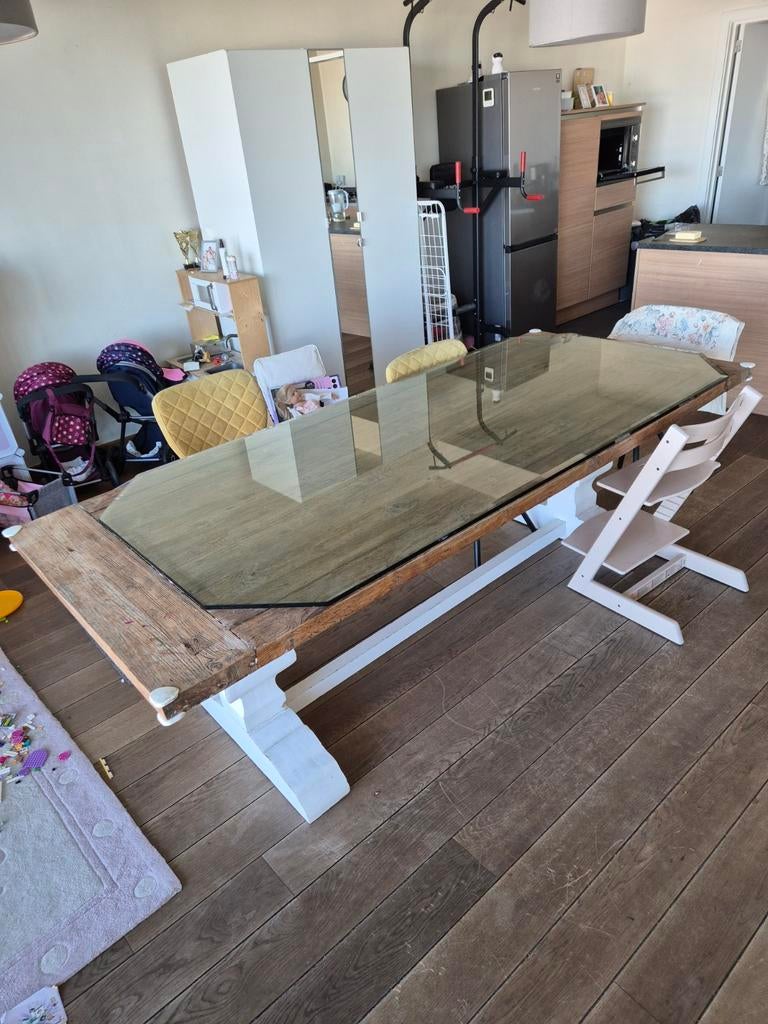 Eettafel 240x100 cm, massief hout + glas, Immo
