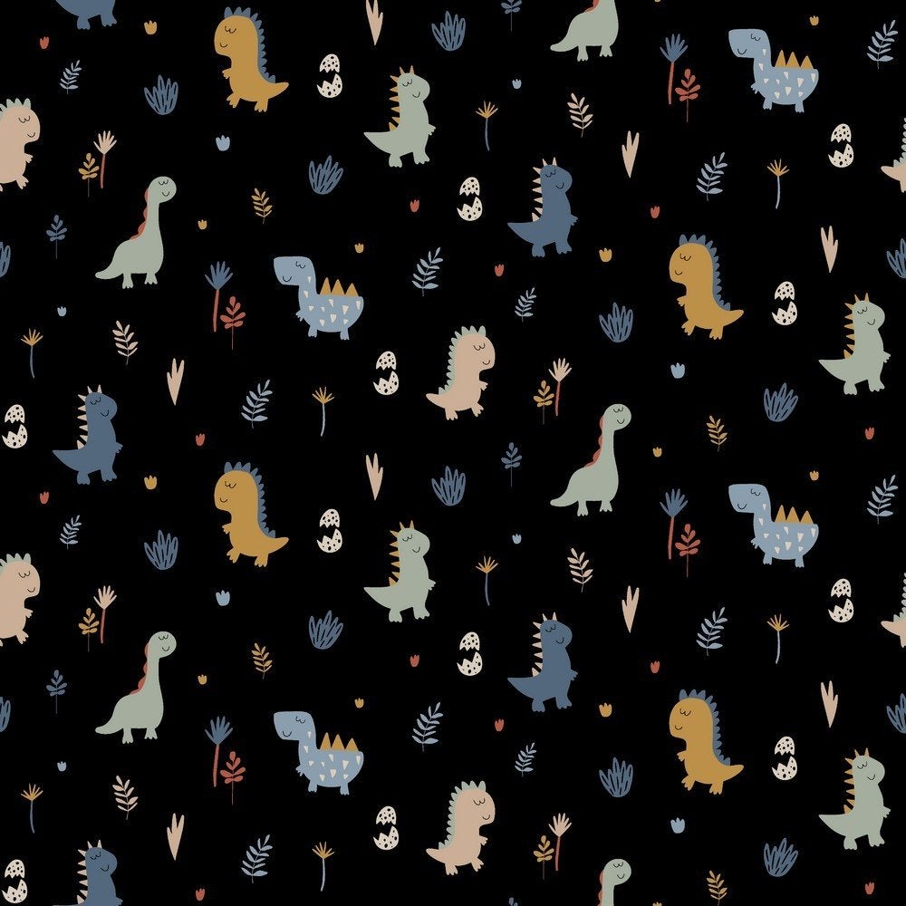 OUTLET : Poplin katoen stof met dino's, Neuf, Coton, 120 cm ou plus, Noir
