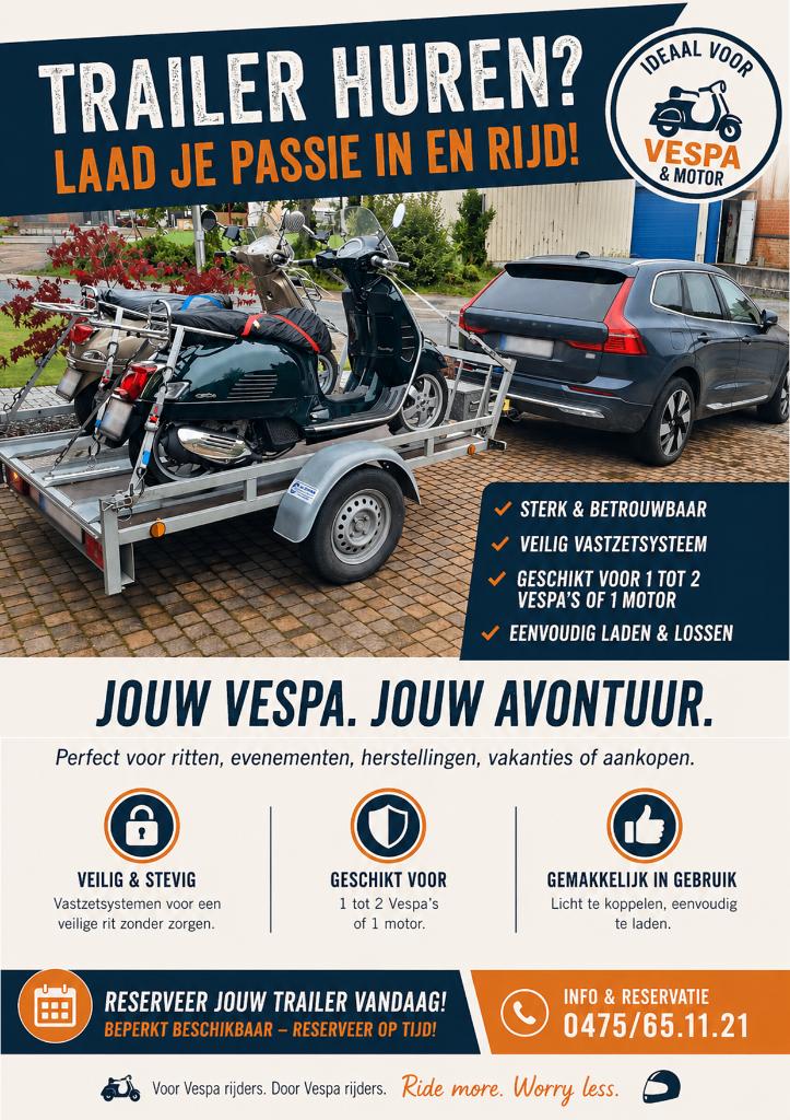 Verhuur aanhangwagen trailer (2)Vespa of (1)moto, Ophalen, Gebruikt