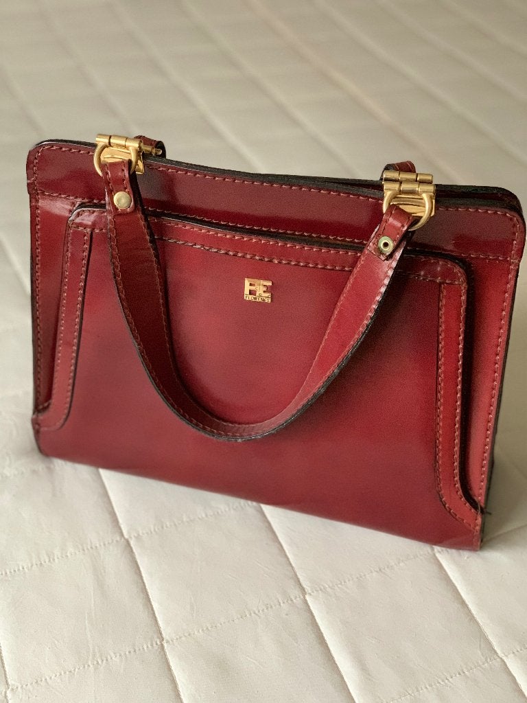 Sac à main vintage FE Florence — Cuir verni italien bordeaux, Enlèvement ou Envoi, Comme neuf, Rouge, Sac à main
