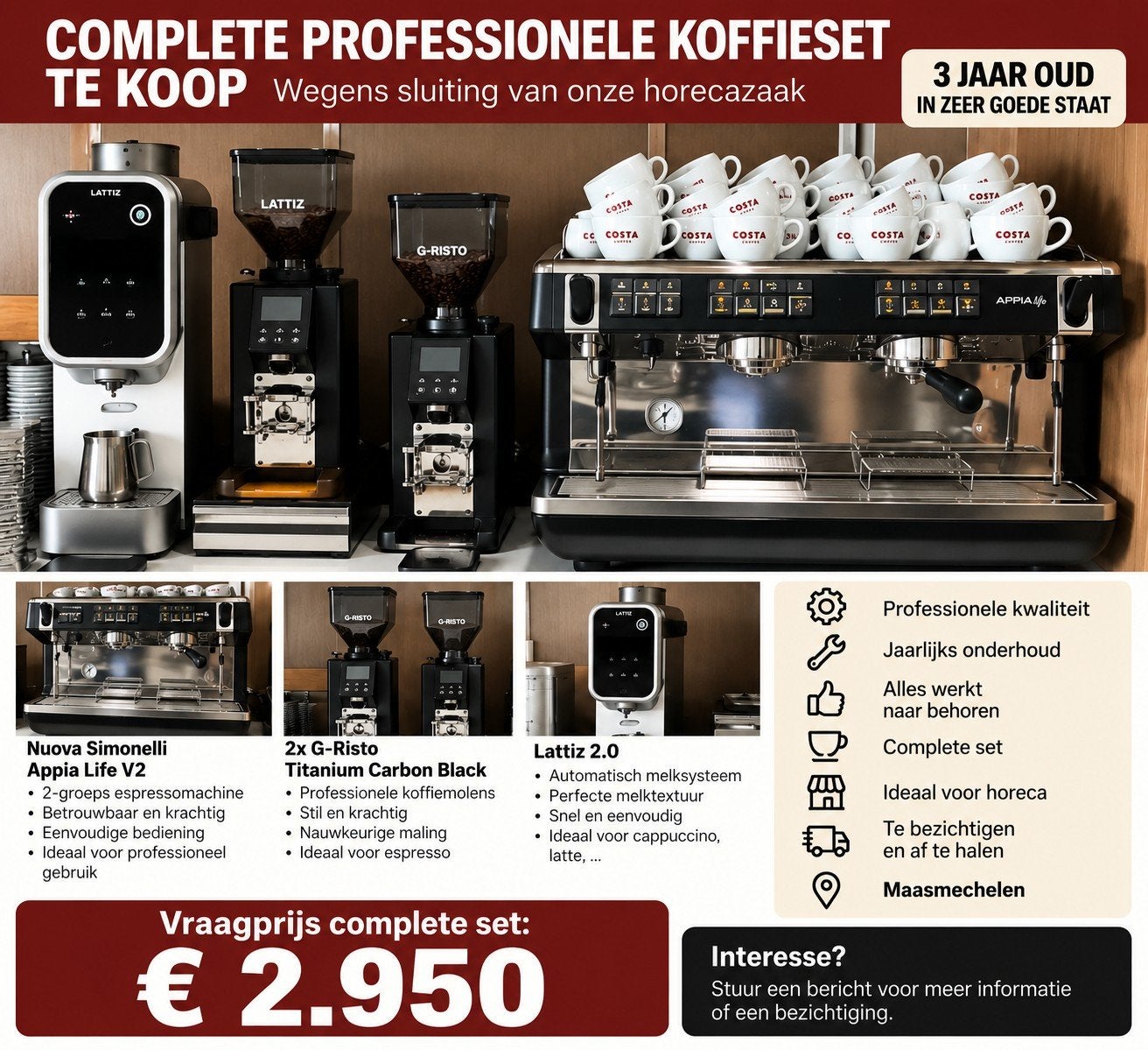 Nuova Simonelli Appia Life + 2 molens + Lattiz 2.0, Zakelijke goederen, Ophalen, Gebruikt, Koffie en Espresso