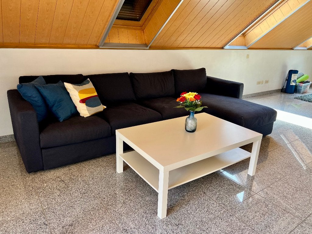 Ikea 4-zitsbank met chaise longue, donkerblauw, Maison & Meubles, Canapés | Coins salons complets, Enlèvement, Comme neuf, Tissus