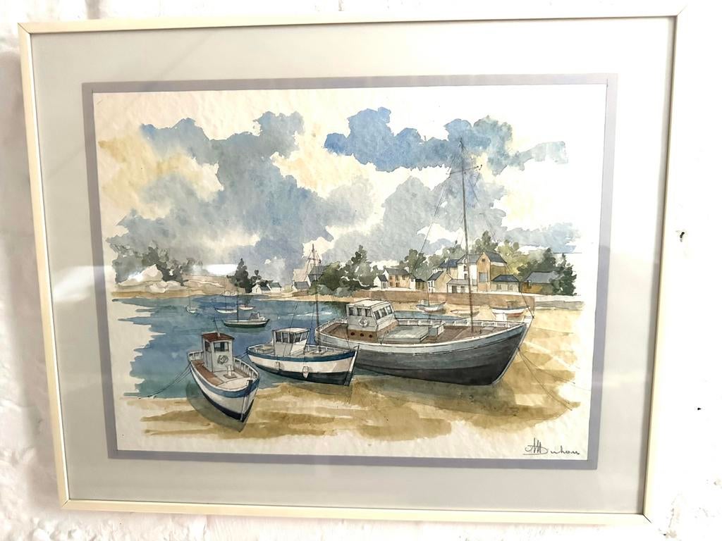 Aquarelle originale signée – paysage port / bateaux – cadre, Antiquités & Art, Enlèvement