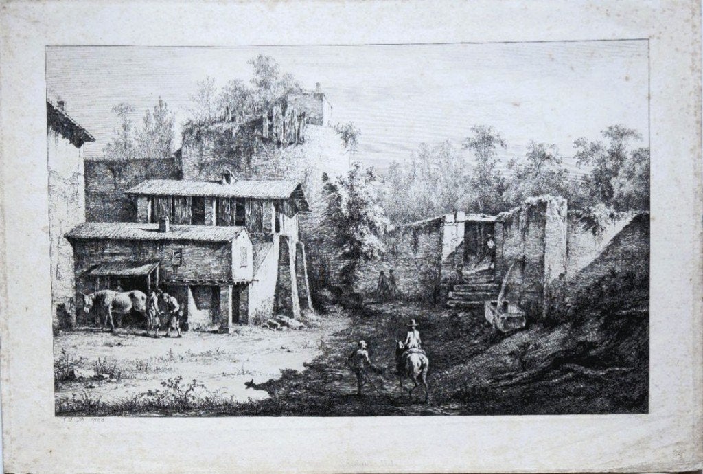 Jean-Jacques de Boissieu ets "Geanimeerd Dorpslandschap"1808, Antiek en Kunst, Kunst | Etsen en Gravures, Ophalen, 1800 - 1899