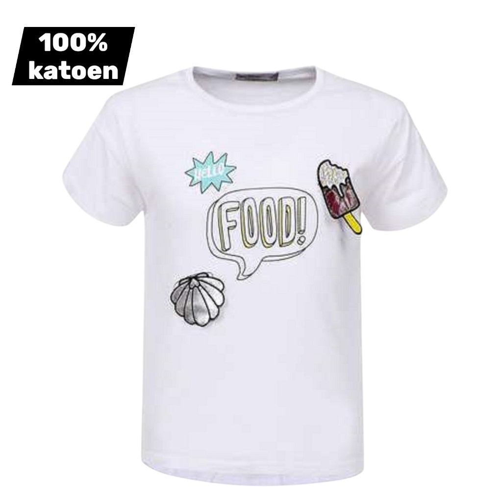 T-shirt 100% katoen wit hello food 164, Kinderen en Baby's, Ophalen of Verzenden, Nieuw, Meisje, Shirt of Longsleeve