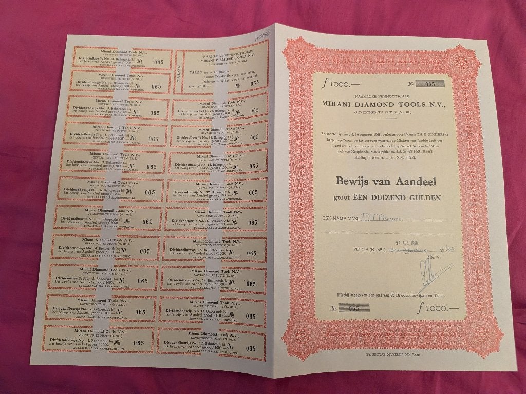 Vintage aandeel Mirani Diamond Tool NV, Putte Nederland., Enlèvement ou Envoi, 1950 à 1970, Action