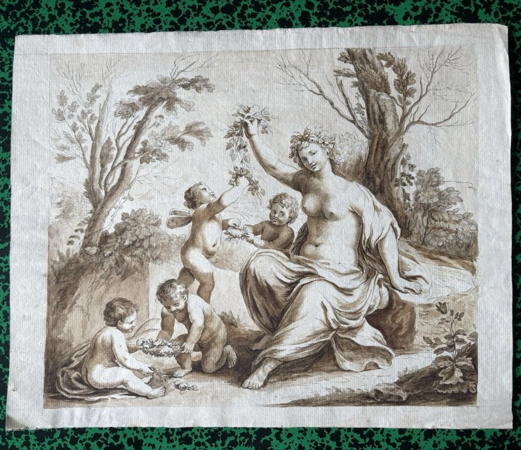 Oud origineel tekening in bruine inkt  op vergeerd papier., Antiek en Kunst, Kunst | Tekeningen en Fotografie, Ophalen, Tekening