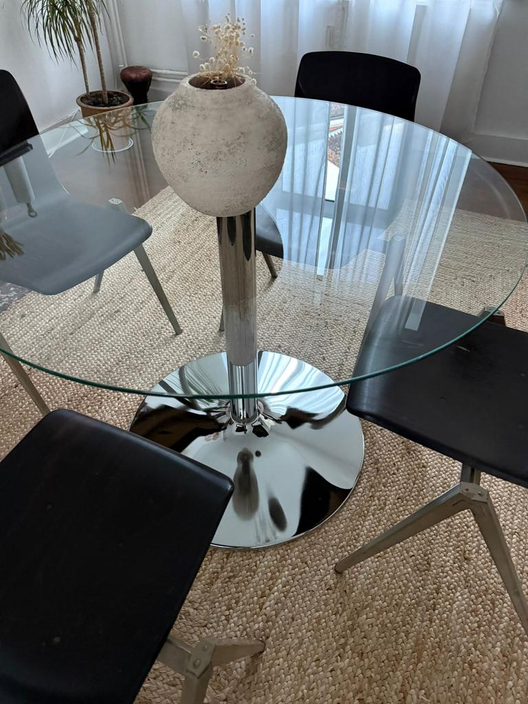 Table à manger ronde en verre avec pied en acier, Enlèvement, Utilisé, Rond, Verre