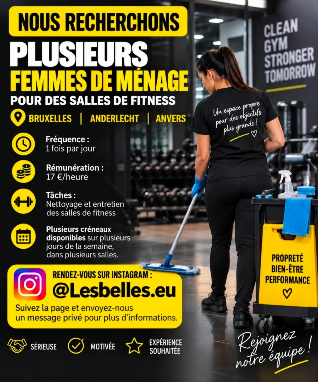 job nettoyage 2 x j 6 semaine.. rdv sur insta, Offres d'emploi, Autres horaires, Premier Emploi, Autres formes, Convient comme travail d'appoint