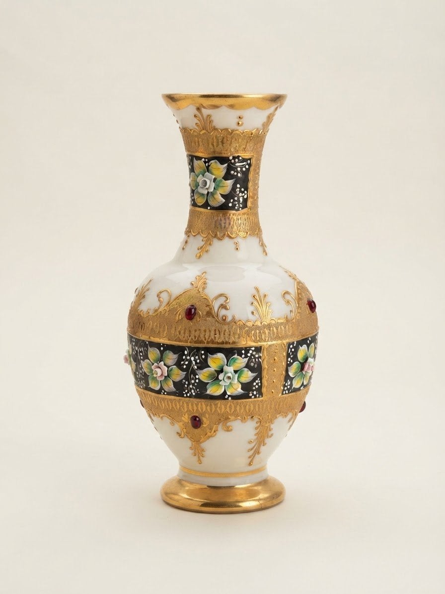 Grand vase balustre en opaline Bohême High Enamel" Blanc Or, Antiquités & Art, Enlèvement ou Envoi