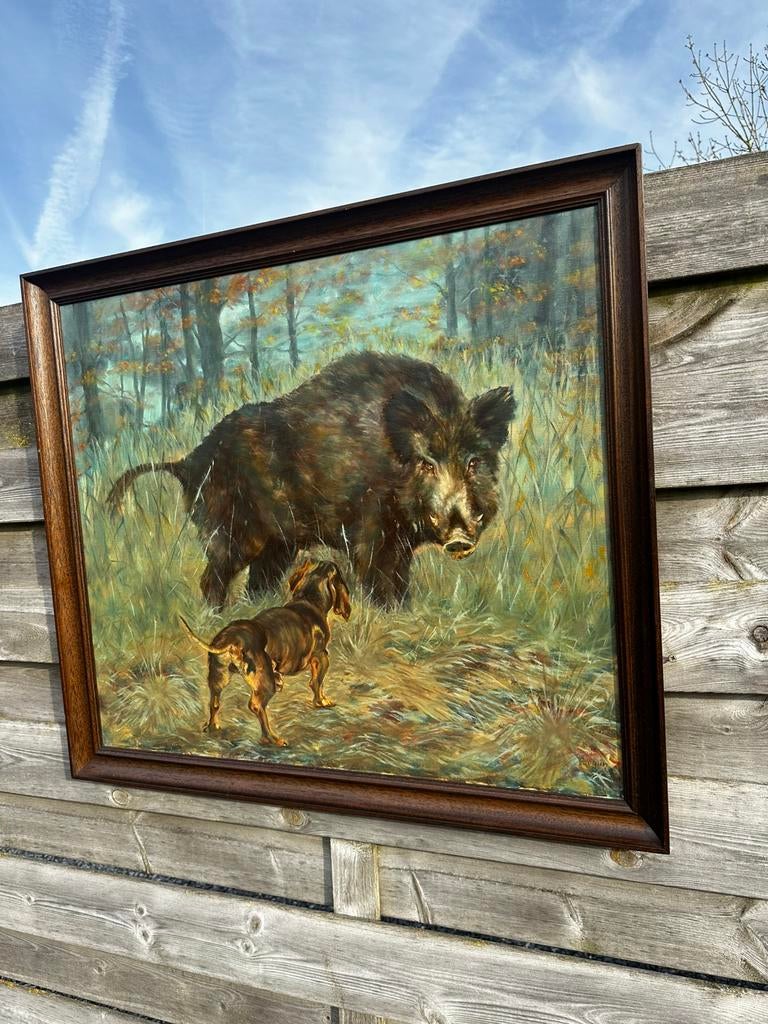 Schilderij jacht everzwijn hond getekend, Antiek en Kunst, Ophalen