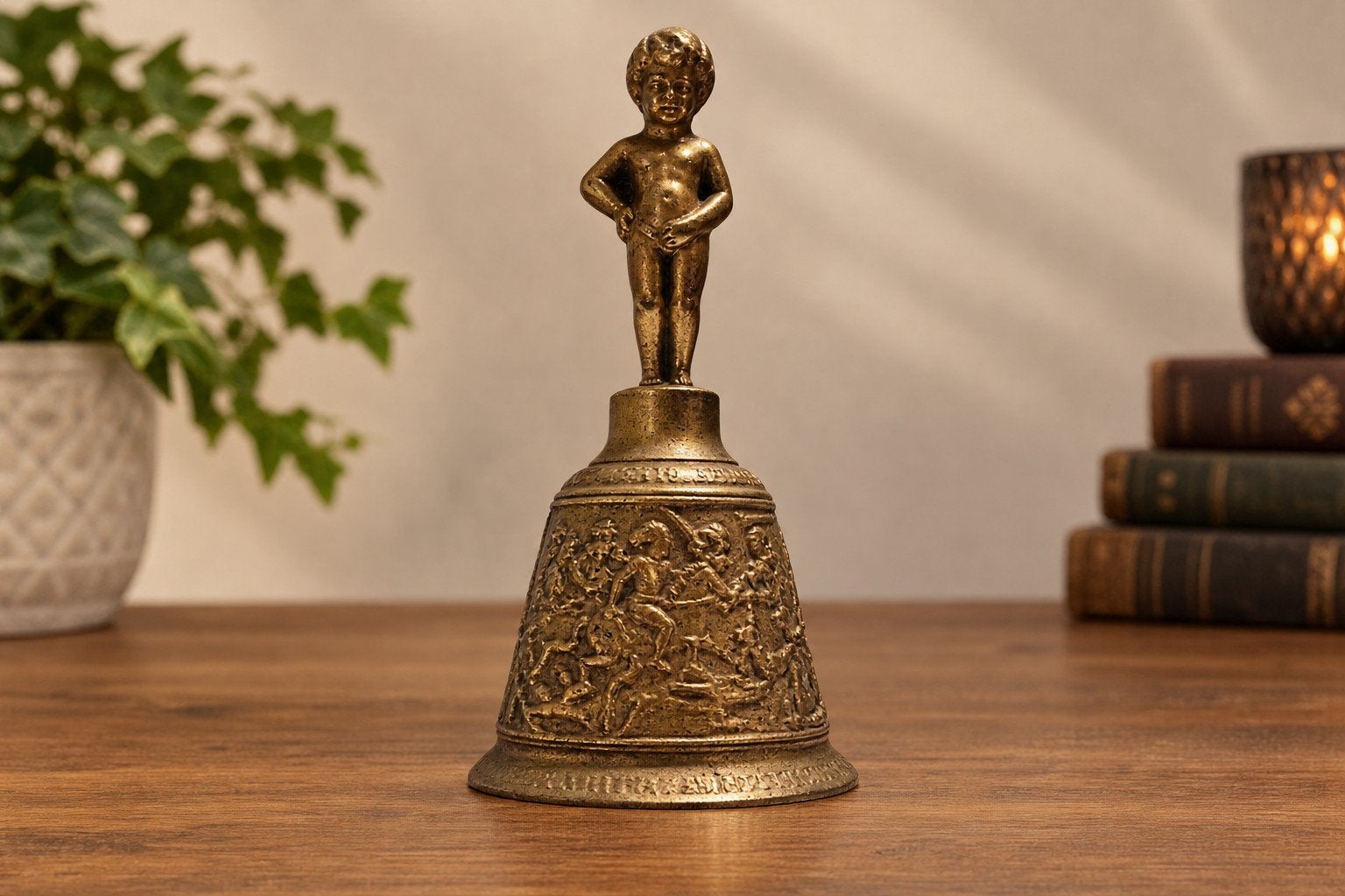 Vintage Bronzen Tafelbel Manneken Pis Brussel met Napoleon e, Antiek en Kunst, Ophalen, Brons