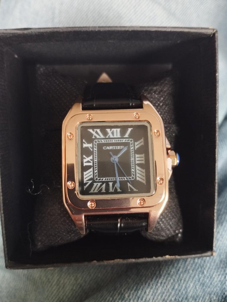 Dames Cartier santos 35mm zwarte leren horloge band, Overige merken, Leer, Staal, Polshorloge