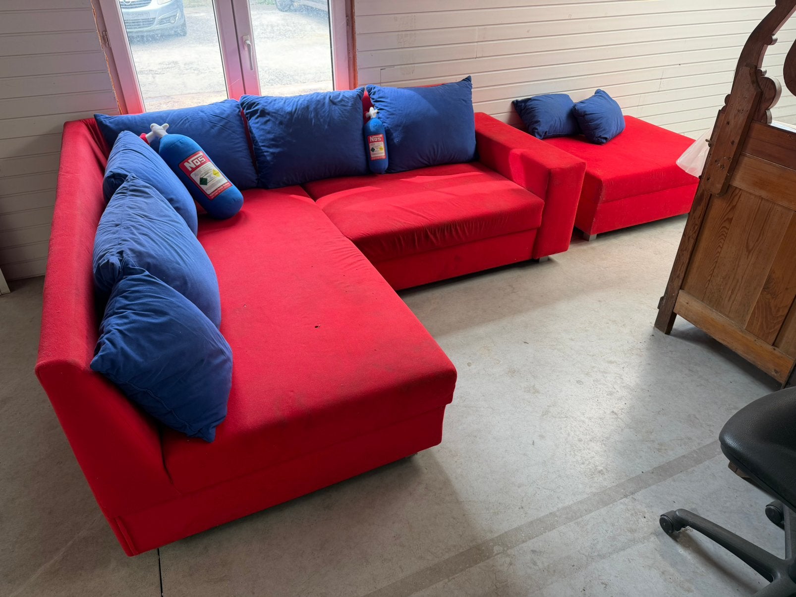 Gratis zetel met poef en kussens, Ophalen, Gebruikt, 200 tot 250 cm, Stof