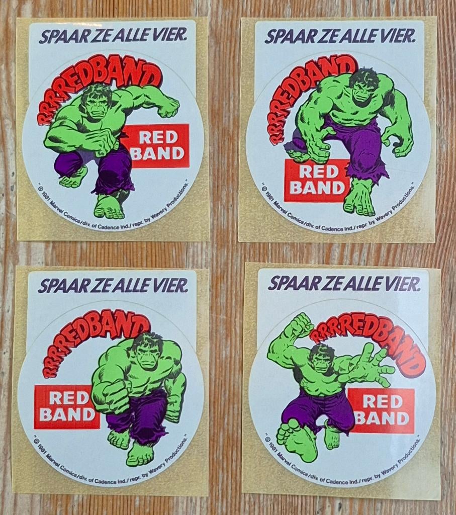 De Hulk reeks van 4 stickers Red Band 1981 Marvel Comics, Collections, Personnages de BD, Enlèvement ou Envoi, Super héros, Comme neuf
