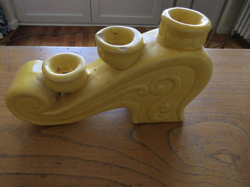 Bougeoir jaune ancien avec dorure pour 3 bougies, Ophalen of Verzenden, Gebruikt, Overige materialen, Kaars