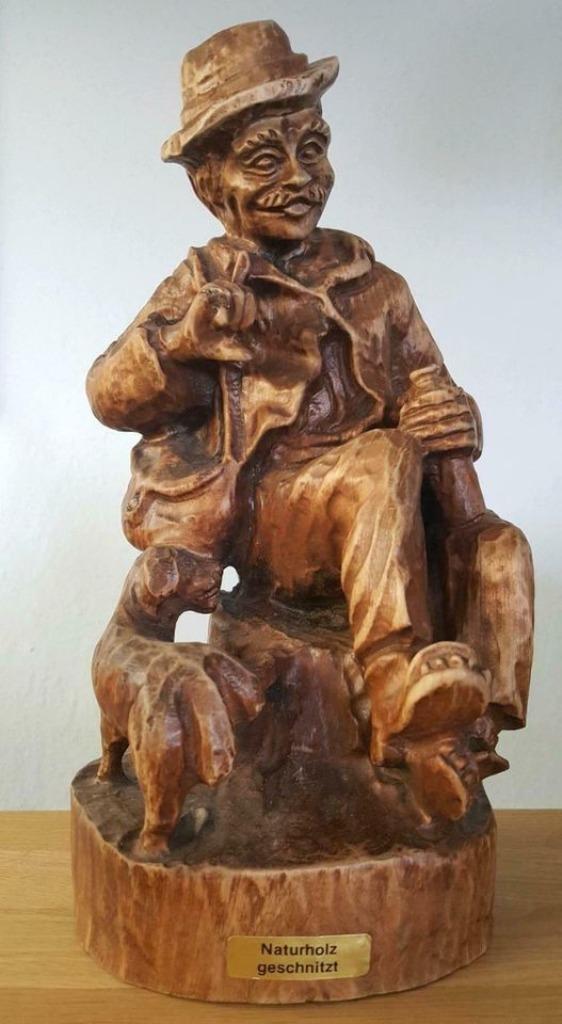 German Wooden Carving Naturholz Geschnitzt Man With Dog., Enlèvement ou Envoi