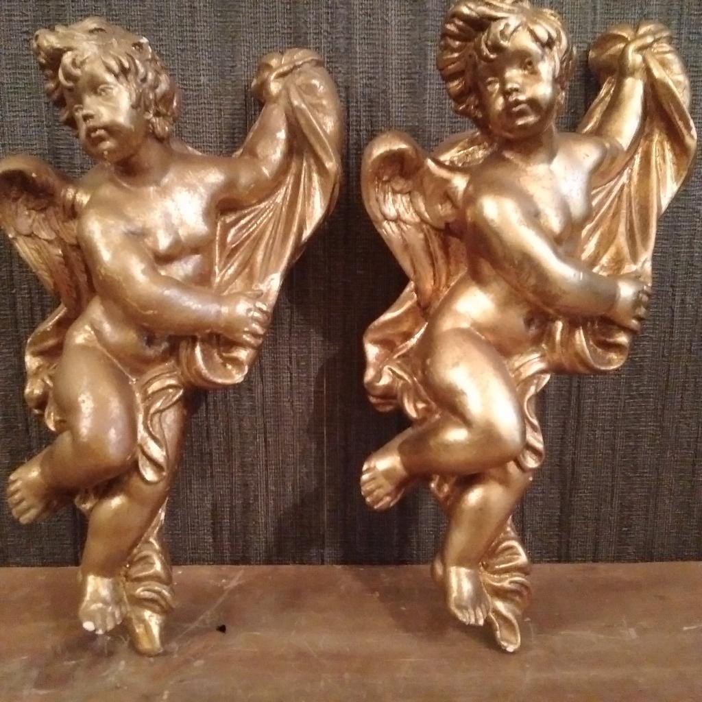 Prachtige goudkleurige oude gipsen cherubijn engeltjes, Antiek en Kunst, Verzenden