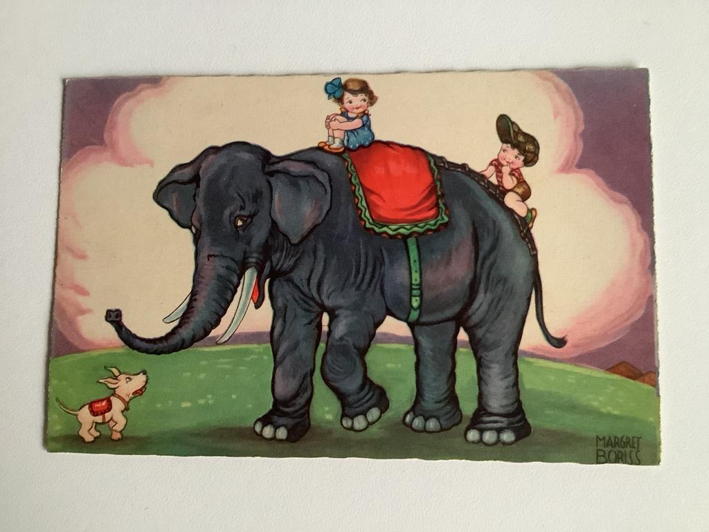 Oude postkaart Margret Boriss kinderen op olifant 1933, Ophalen of Verzenden, 1920 tot 1940, Gelopen, Kinderen