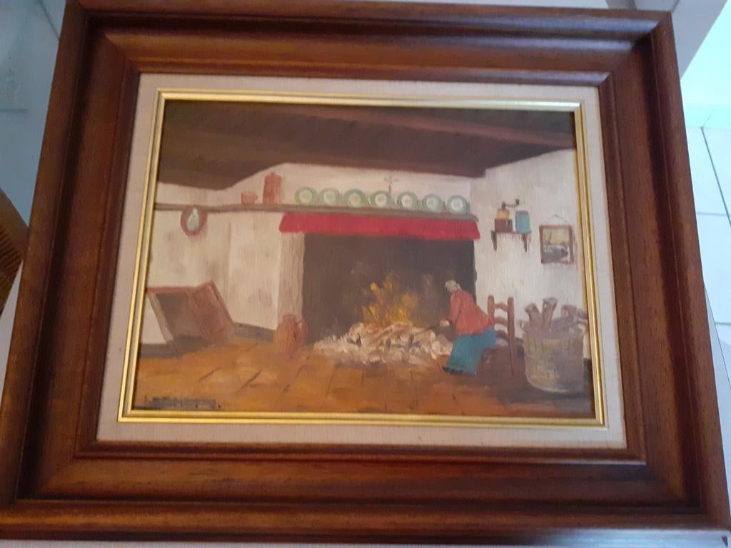 Peinture à l'huile sur toile, « femme au coin du feu », Antiquités & Art, Art | Peinture | Classique, Enlèvement ou Envoi