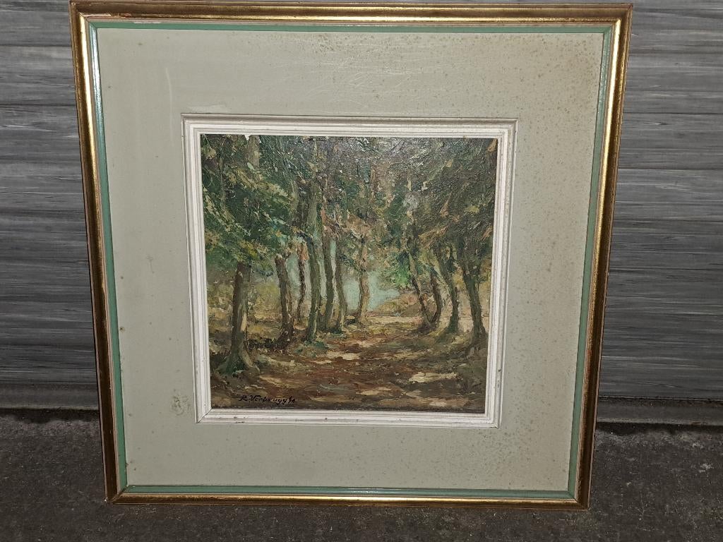 huile sur panneau chemin dans les bois de Roger VERBRUGGHE, Ophalen of Verzenden