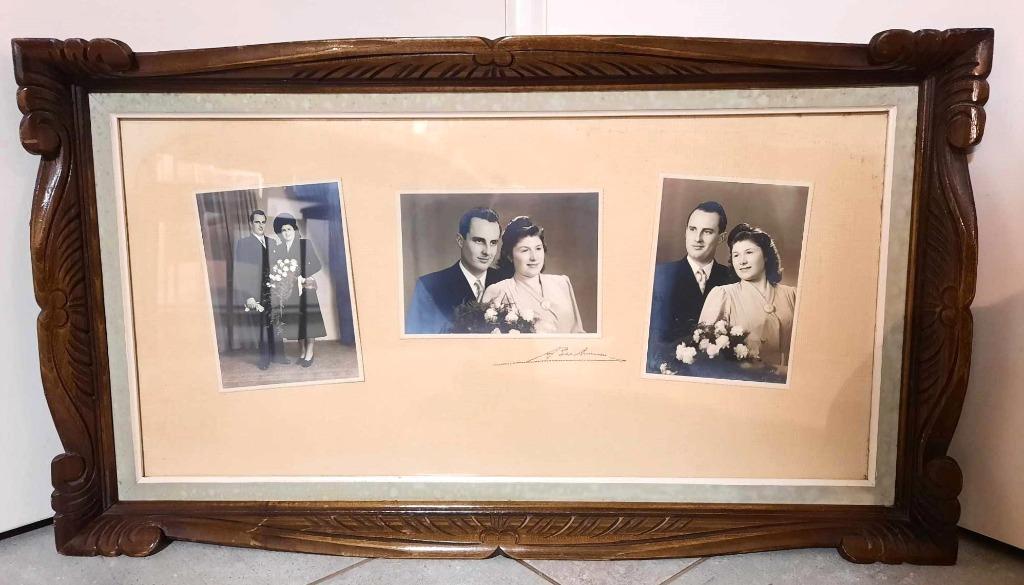 Groot Antieke houten kader met drie oude zwart-wit foto's, Enlèvement