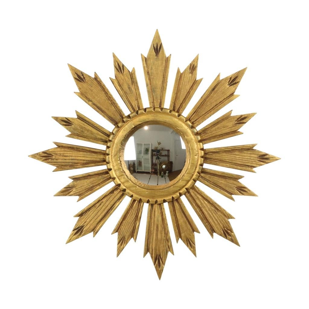 Vintage Houten Sunburst Zonnespiegel Convex Frankrijk 51cm, Gebruikt, Rond, Ophalen of Verzenden, Nvt