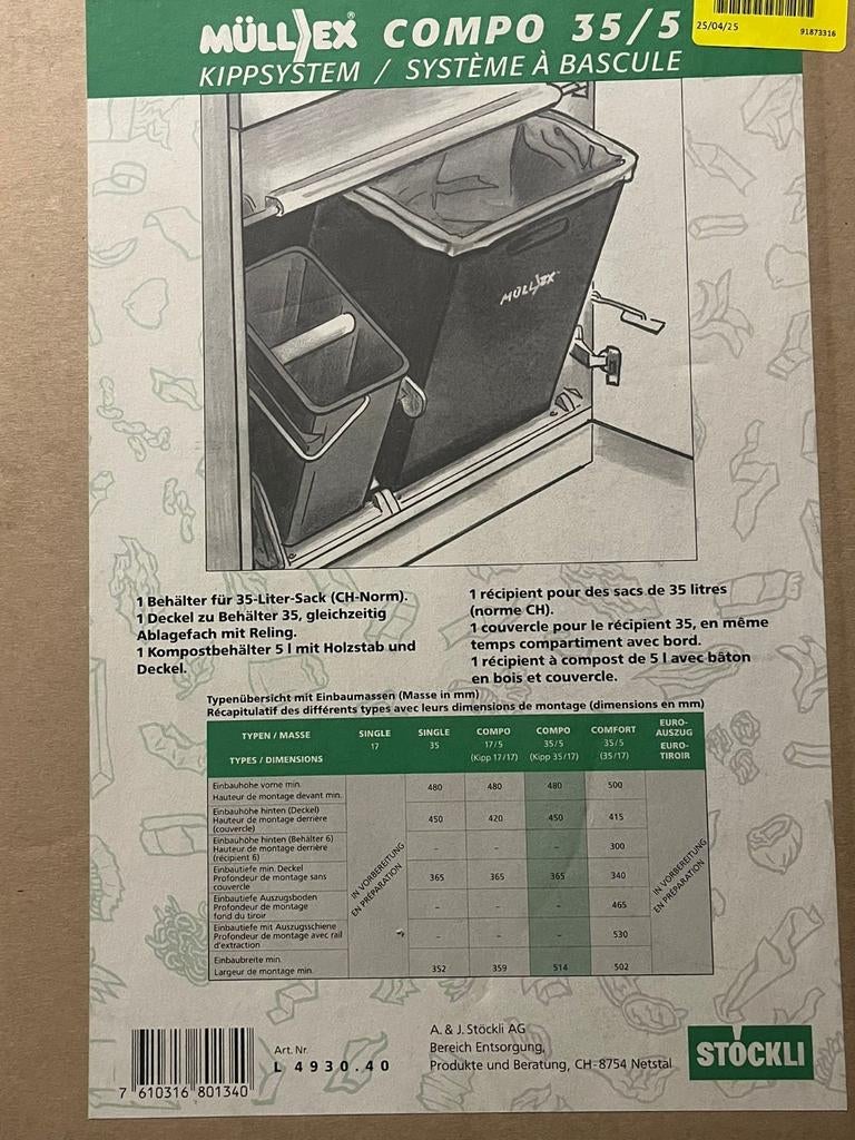 Kipsysteem voor vuilbak, Ophalen, Minder dan 50 cm, Overige kleuren, Nieuw