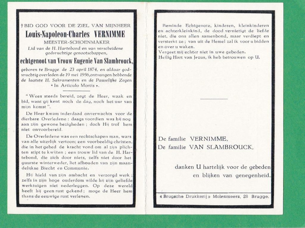 DP Louis Napoleon Charles Vernimme, Verzamelen, Bidprentjes en Rouwkaarten, Verzenden, Bidprentje