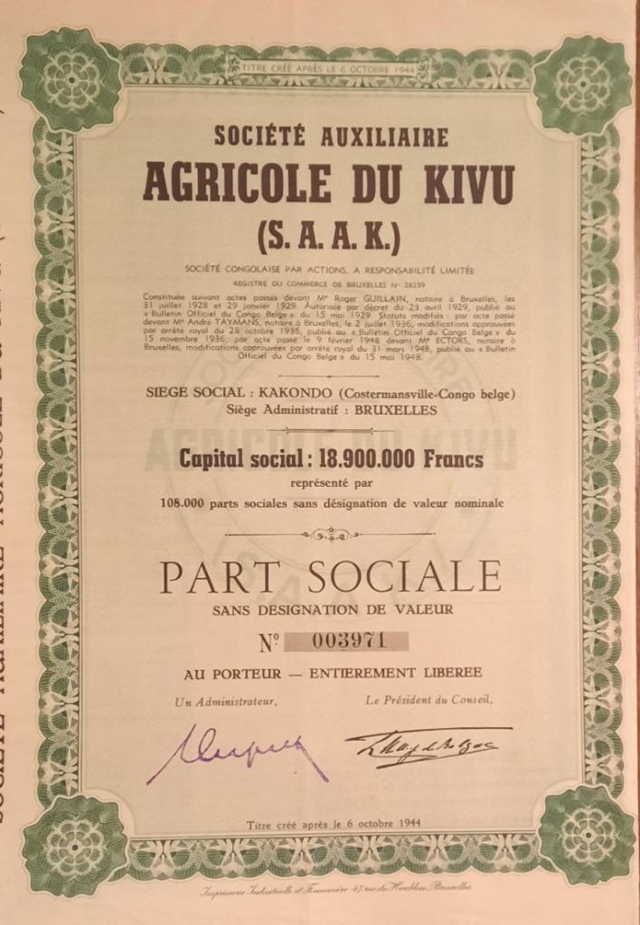 société Auxiliaire Agricole du Kivu - (Kakondo ), Timbres & Monnaies, Actions & Titres, Enlèvement ou Envoi, 1920 à 1950, Action